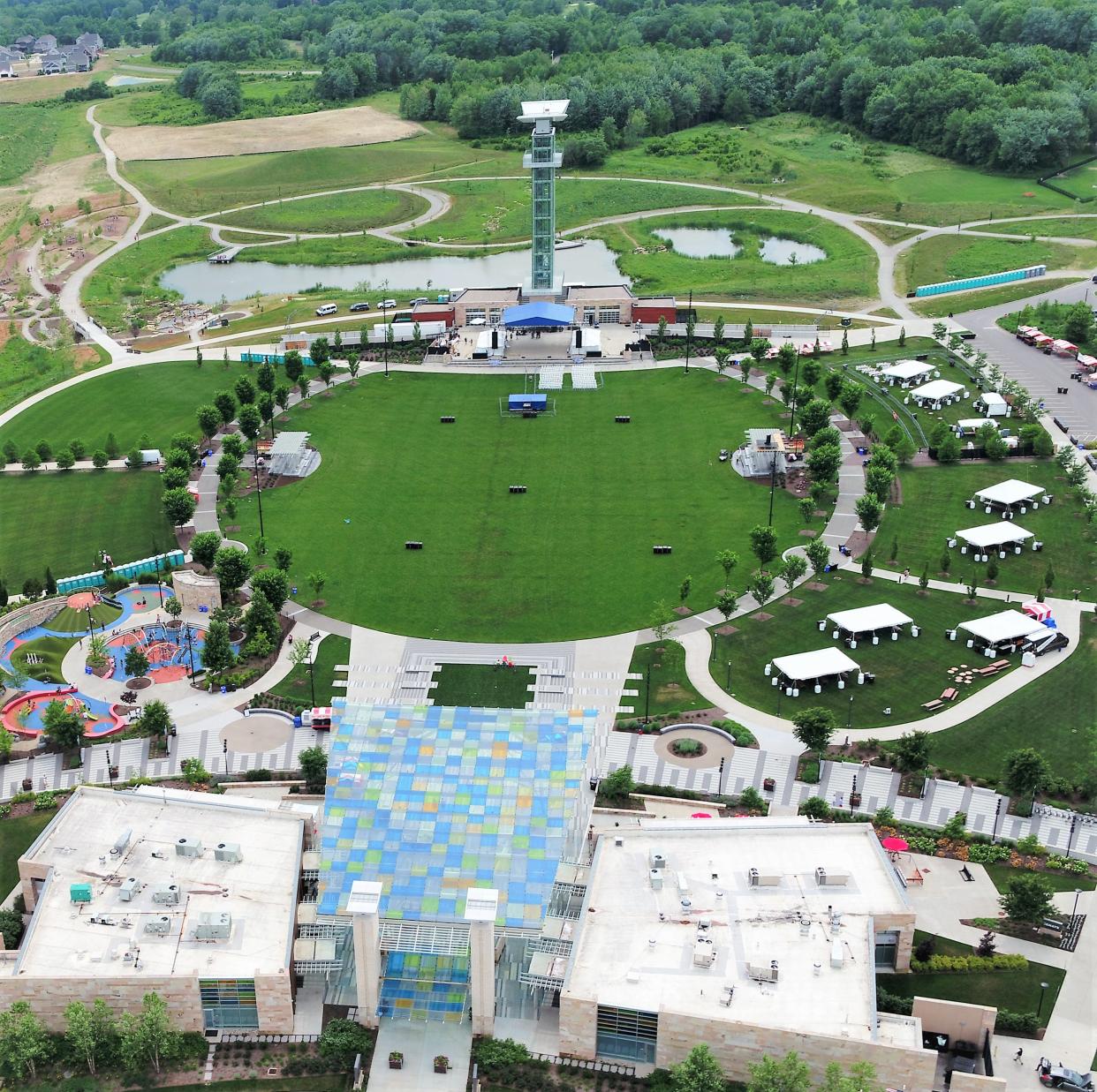 An aerial view of the Neighborhoods at Summit Park in Blue Ash and the adjacent Summit Park. The Blue Ash City Council will hold a public hearing on a proposed DORA district there next week.