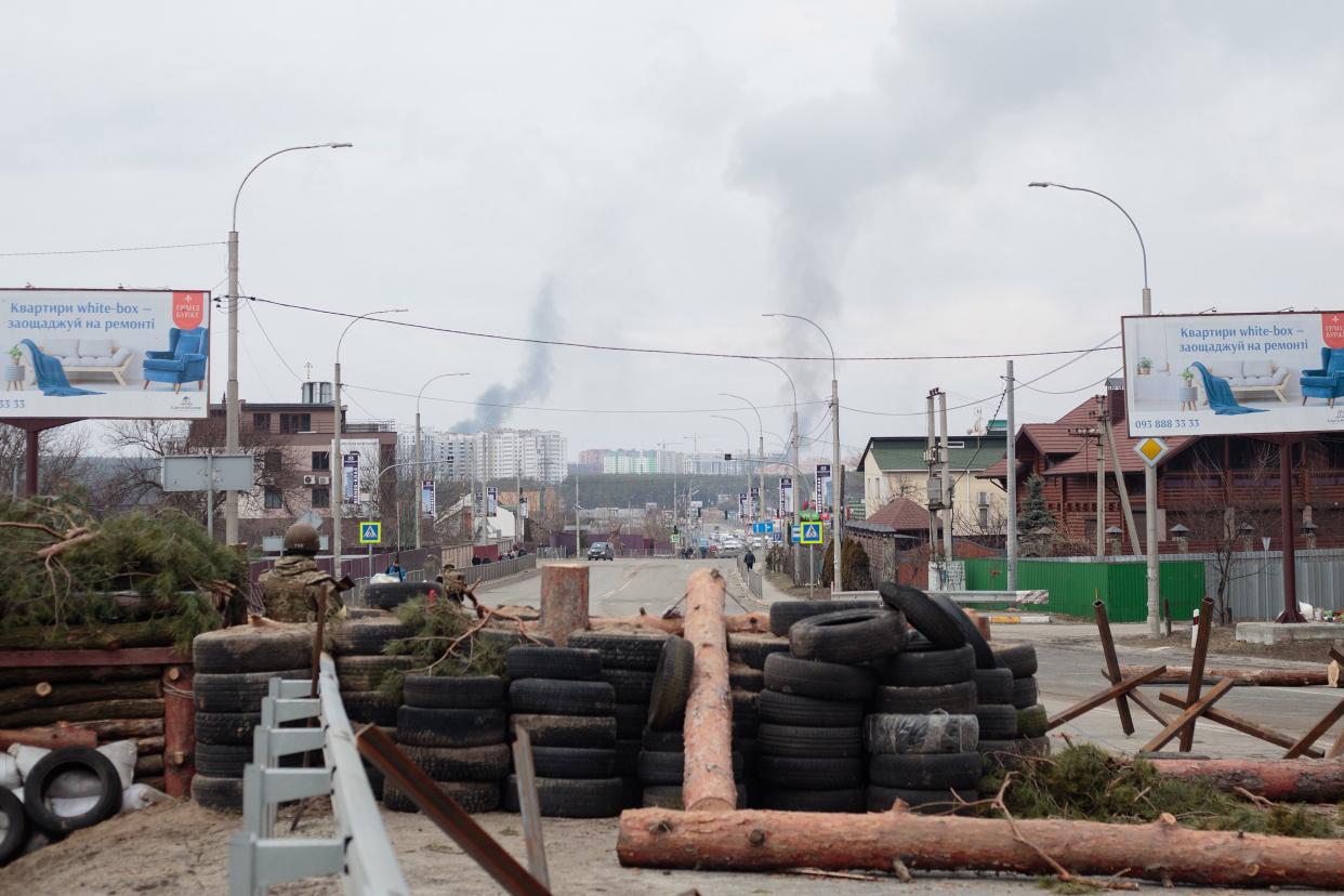 A view toward the city of Irpin under shelling on March 6, 2022, in Ukraine. Three civilians were killed and others were wounded as Russian mortar rounds landed between Irpin and Kyiv this morning, striking a route used by civilians fleeing southeast toward Kyiv. Russia continued its assault on Ukraine's major cities, including its capital, more than a week after launching a large-scale invasion of the country.