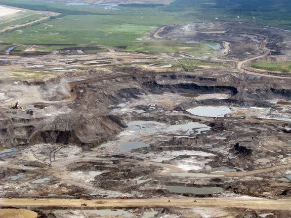 An aerial view of an open cast tar sands mine near Fort McMurray, Alberta.