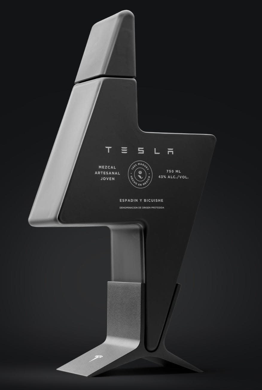 a lightning bolt-shaped bottle of Tesla Mezcal that sells for $450