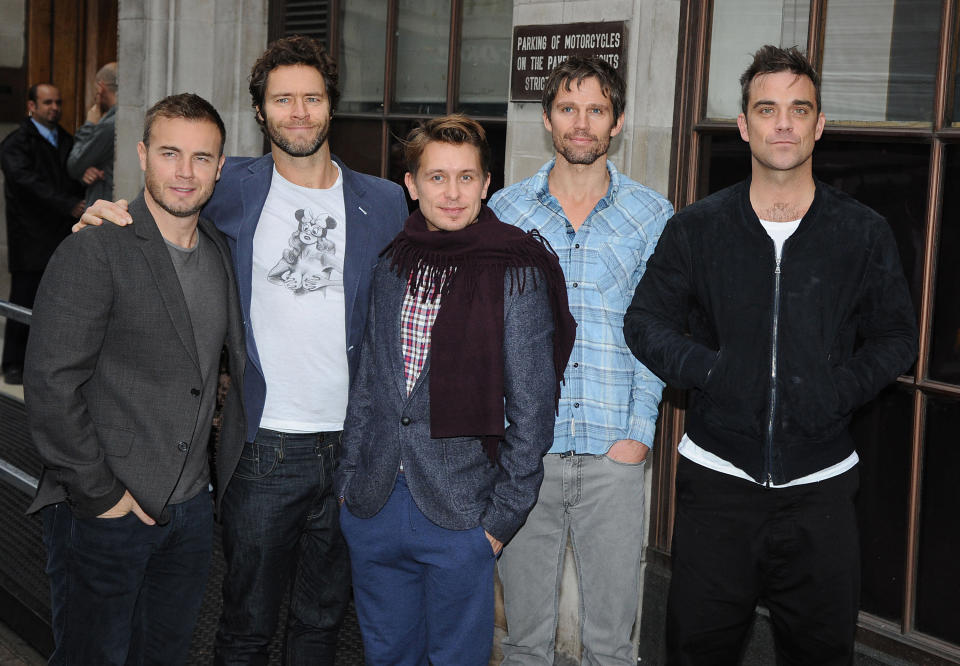 Robbie Williams rejoins Take That with bandmates Gary Barlow, Howard Donald, Mark Owen and Jason Orange