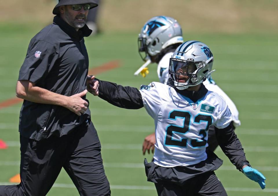 Carolina Panthers cornerback Dane Jackson, right, runs through a drill during the team’s voluntary minicamp practice on Tuesday, April 23, 2024.