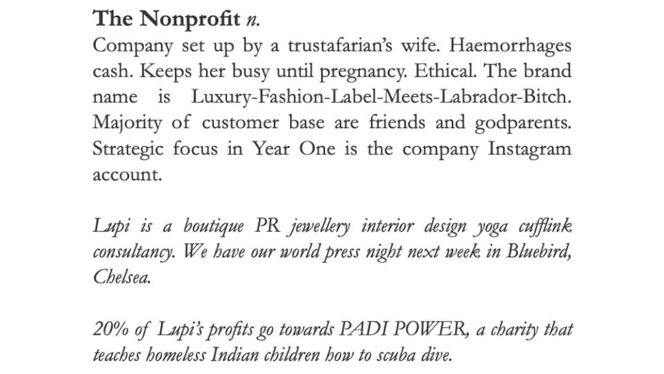 The Non-Profit – Company set up by a trustafarian’s wife. Hemorrhages cash. Keeps her busy until pregnancy. Ethical. The brand name is Luxury-Fashion-Label-Meets-Labrador-Bitch. Majority of the customer base are friends and godparents. Strategic focus in Year One is the company Instagram account.