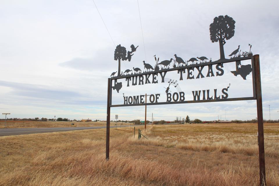 A welcome sign promotes Turkey, Texas as the hometown of Bob Wills, as seen Thursday.