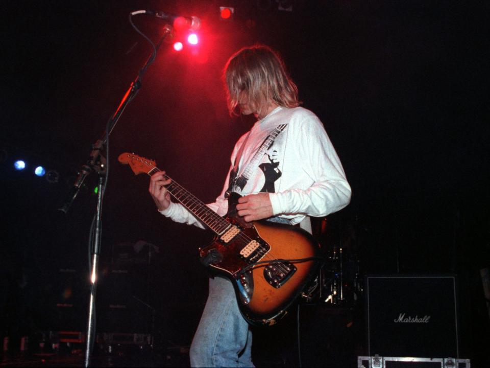 <p>Kurt Cobain onstage with Nirvana at London’s Astoria Theatre, 5 November 1991</p>Rex