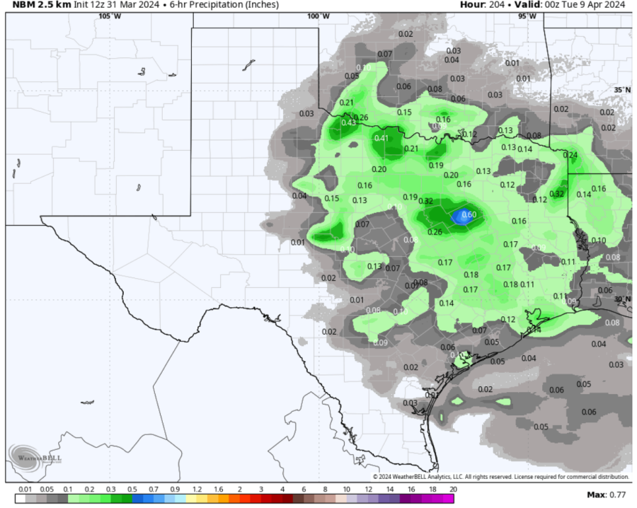 NBM 6 hour rainfall ending April 8 at 7pm (Weatherbell)