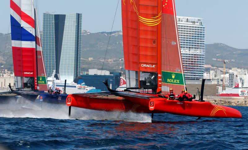 FILE PHOTO: China SailGP Team and Great Britain SailGP Team sail during the day one of the SailGP event in Marseille