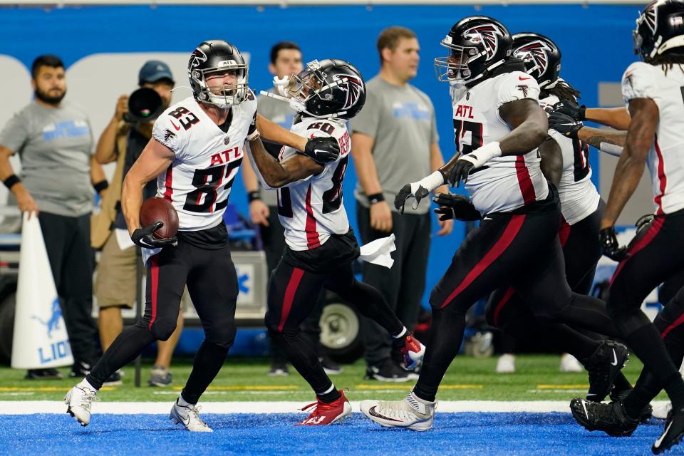 Atlanta Falcons wide receiver Jared Bernhardt reacts after his 21-yard reception for a touchdown during the second half of a preseason NFL football game against the Detroit Lions, Friday, Aug. 12, 2022, in Detroit.