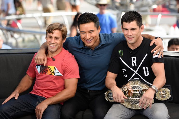 Urijah Faber (L), with Mario Lopez (C) and Dominick Cruz (R) prior to UFC 199. Faber’s biggest rival was probably Cruz. (Getty Images)