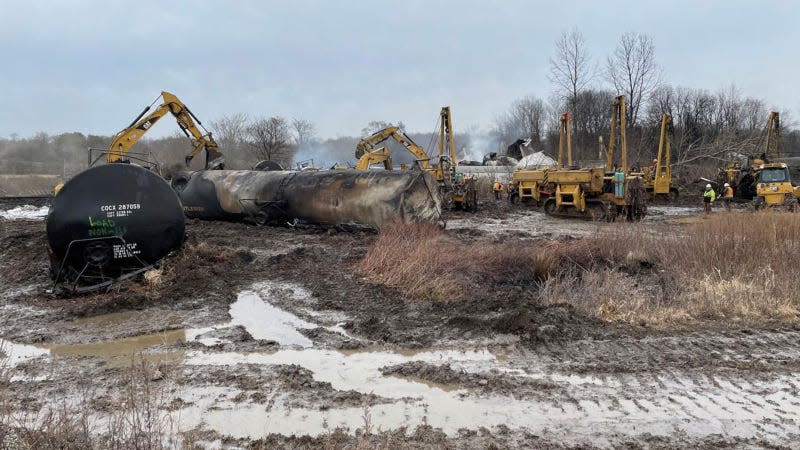 A photo of construction equipment clearing the site of the Ohio derailment. 