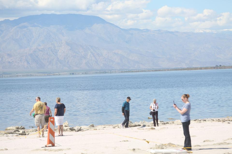 Tourists visit the the Salton Sea State Recreation Area on March 3, 2015.