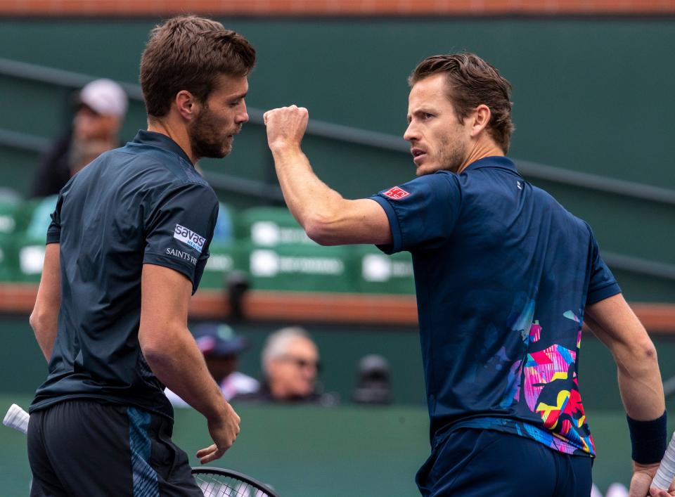 Wesley Koolhof celebrates a point with partner Nikola Mektic during the ATP doubles final of the BNP Paribas Open in Indian Wells, Calif., Friday, March 15, 2024.