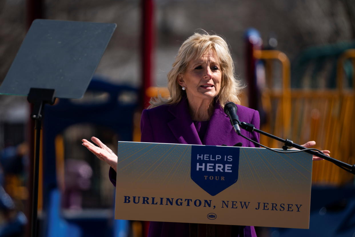 US First Lady Jill Biden delivers remarks at the Samuel Smith Elementary School in Burlington, New Jersey. Dr Biden holds two master's degrees and a PhD in education. Photo: Anna Moneymaker/Reuters
