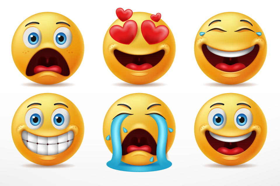 Smiling faces emoticon character set. Facial expressions of cute yellow faces in shocked, in love, laugh, crying and happy expression.