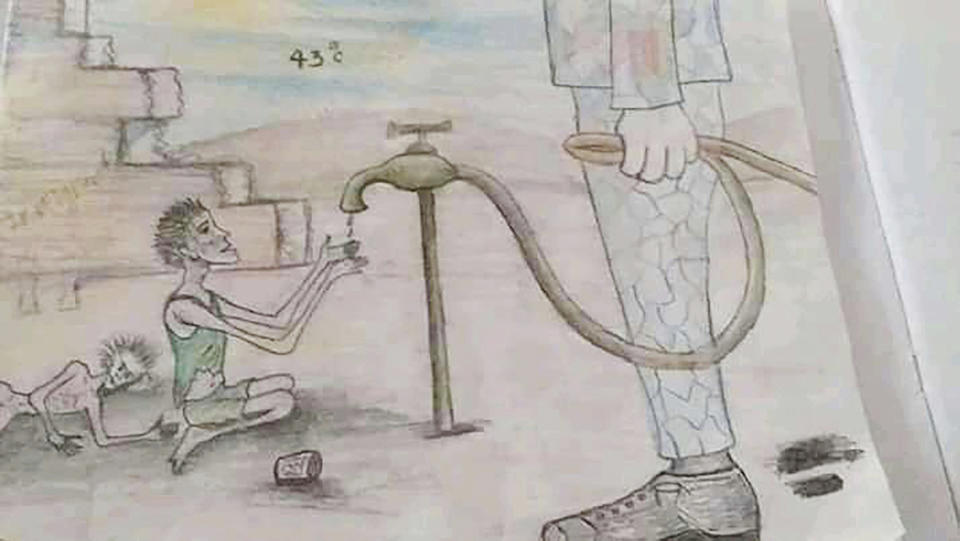 This drawing by a migrant artist nicknamed Aser, provided in 2019, shows a barefoot migrant in a detention center kneeling in front of a guard and begging for water while the guard holds it back. The temperature is 43 Celsius (109 Fahrenheit) and a starved migrant lies on the ground. Aser's sketches and paintings capture the claustrophobic reality of the Libyan detention centers, where thousands have been locked away, often for months or years, on their perilous journey to Europe, hoping for a better life. (Aser via AP)