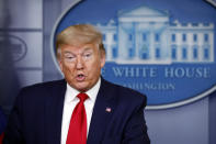 President Donald Trump speaks about the coronavirus in the James Brady Press Briefing Room of the White House, Friday, April 3, 2020, in Washington. (AP Photo/Alex Brandon)