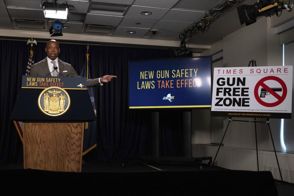 New York City Mayor Eric Adams speaks during a news conference about upcoming “Gun Free Zone" implementation at Times Square, Wednesday, Aug. 31, 2022, in New York. (AP Photo/Yuki Iwamura)