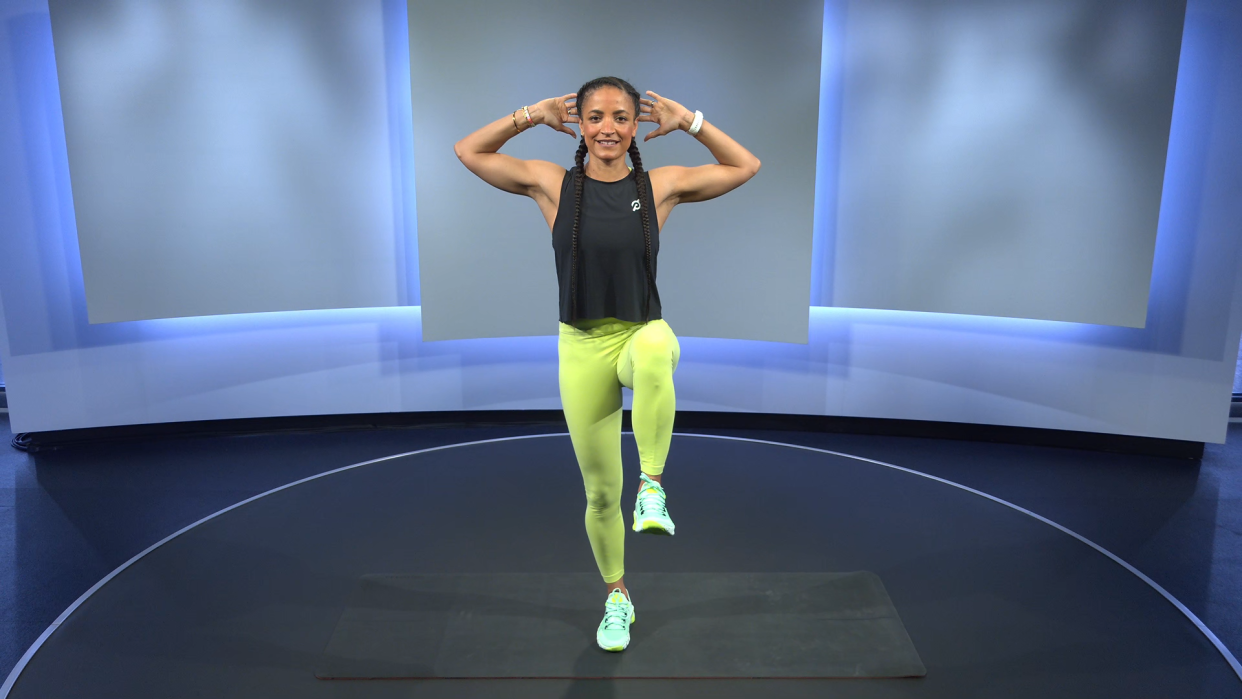  Peloton instructor Joslyn Thompson leading a core workout in the Peloton studio  