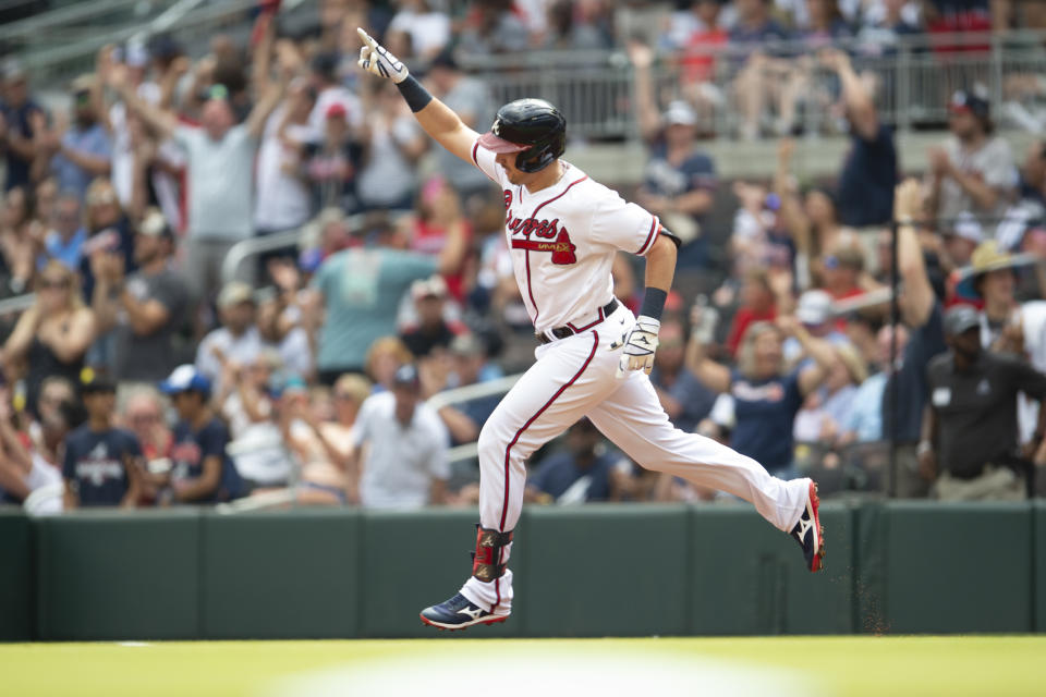 Atlanta Braves' Austin Riley runs the bases after his solo home run in the first inning of a baseball game against the Pittsburgh Pirates, Saturday, June 11, 2022, in Atlanta. (AP Photo/Hakim Wright Sr.)