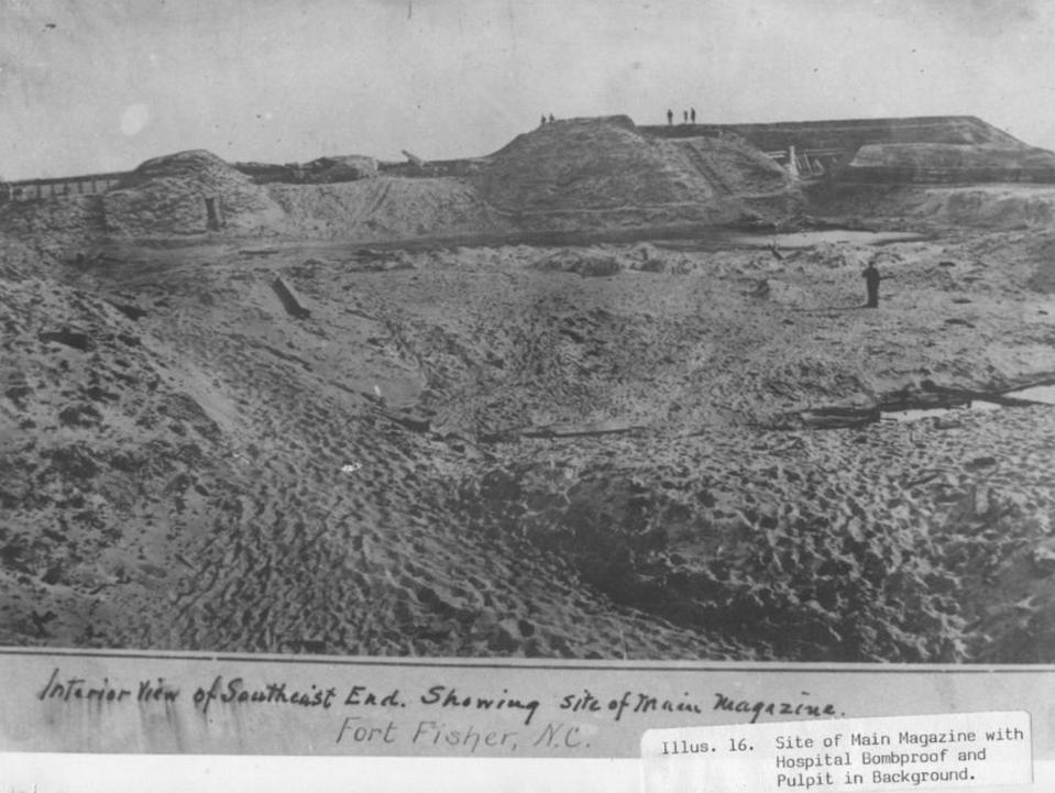 Site of the main magazine at Fort Fisher, date unknown. Most of the massive earthen fort has long been lost to the sea. [FEDERAL POINT HISTORIC PRESERVATION SOCIETY] 