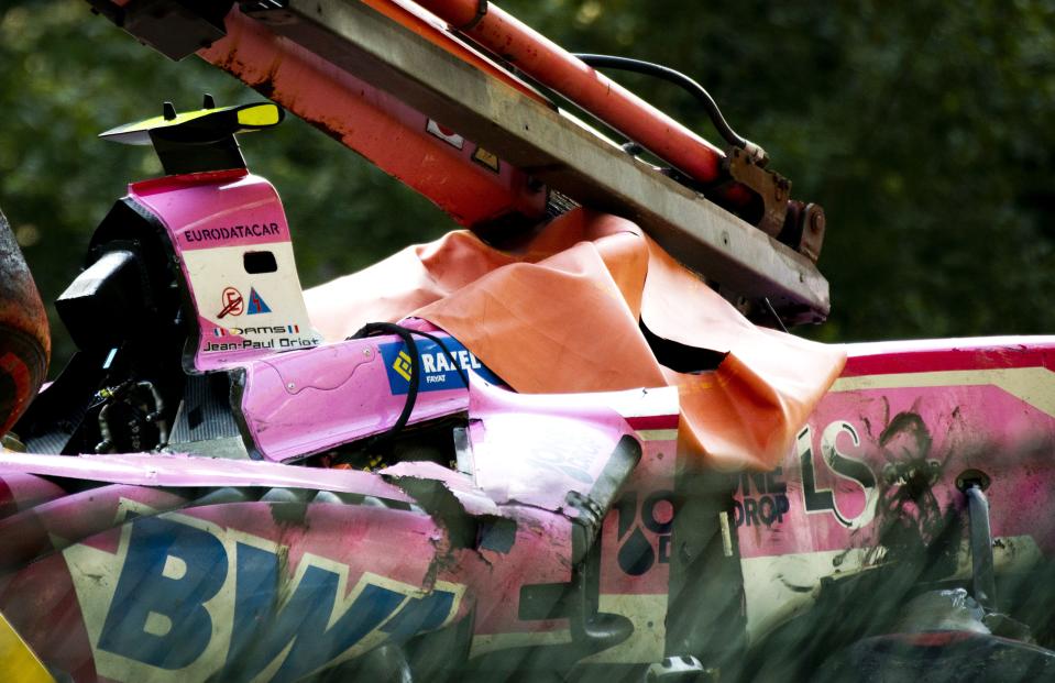 A picture taken on August 31, 2019 shows the damaged car of BWT Arden's French driver Anthoine Hubert following a serious accident involving several drivers during a Formula 2 race at the Spa-Francorchamps circuit in Spa, Belgium. (Photo by Remko de Waal / ANP / AFP) / Netherlands OUT - Belgium OUT        (Photo credit should read REMKO DE WAAL/AFP/Getty Images)