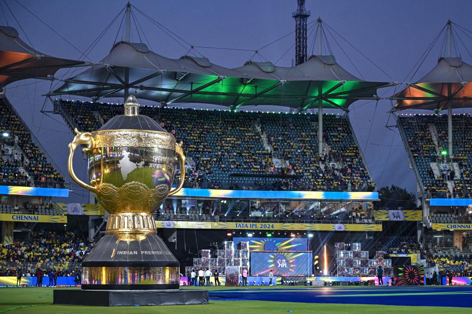 A model of IPL trophy is pictured before the start of the Indian Premier League (IPL) Twenty20 cricket match between Chennai Super Kings and Royal Challengers Bangalore at the MA Chidambaram Stadium in Chennai on March 22, 2024.