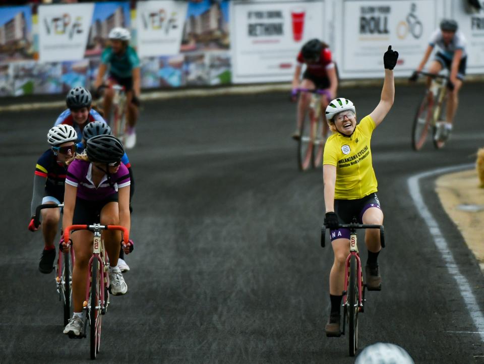 Melanzana’s Grace Washburn celebrates after winning the 35th running of the Women’s Little 500 at Bill Armstrong Stadium on Friday, April 21, 2023.