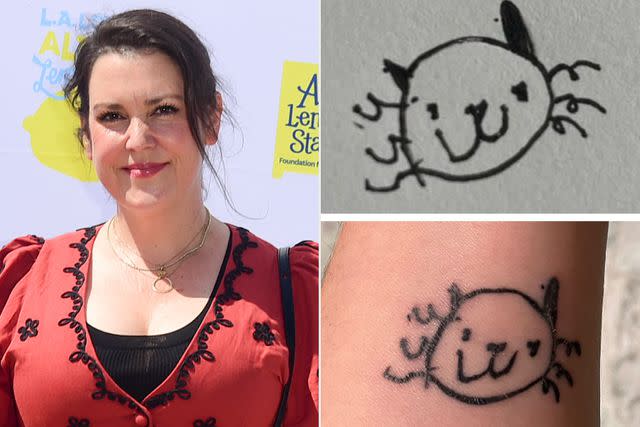 <p>Vivien Killilea/Getty Images; Melanie Lynskey Instagram</p> Melanie Lynskey with the her daughter's drawing (upper right) and the tattoo she got of the sketch (bottom right)