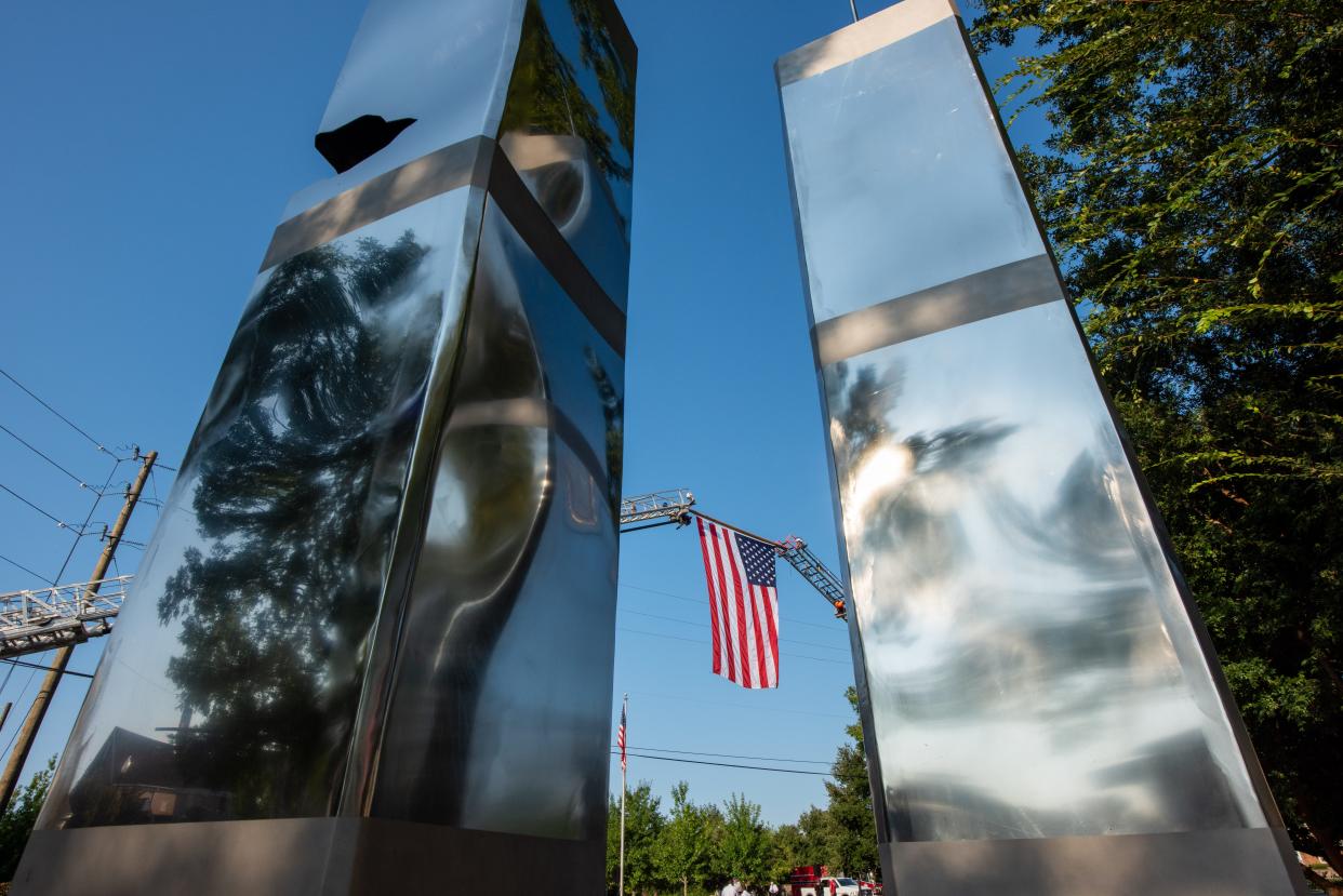 A 9/11 memorial in downtown Hattiesburg, Miss., on the 20th anniversary, Sept. 11, 2021.