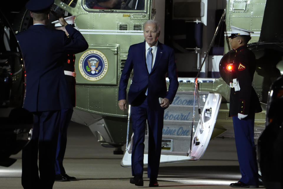 President Joe Biden steps off of Marine One as he arrives At Delaware Air National Guard Base in New Castle, Del., Friday, Oct. 27, 2023, in Washington. (AP Photo/Manuel Balce Ceneta)