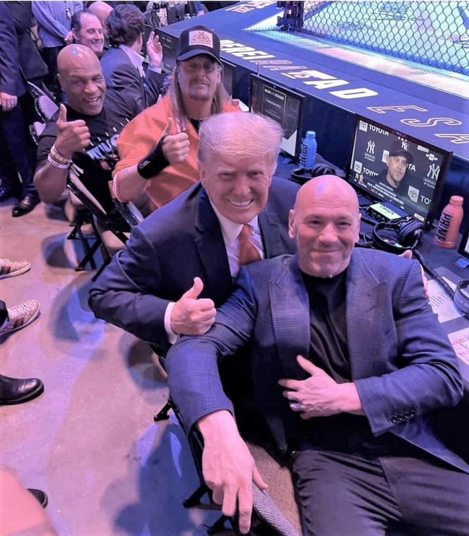 Mike Tyson, Kid Rock, President Trump and UFC CEO/President Dana White in April 2023 at UFC 287 from the Kaseya Center in Miami.
