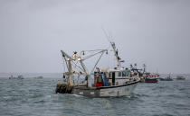 A view of various French fishing vessels at sea off the port of St Helier in Jersey, Thursday, May 6, 2021. French fishermen angry over loss of access to waters off their coast have gathered their boats in protest off the English Channel island of Jersey. The head of a grouping of Normandy fishermen said about 50 boats from French ports joined the protest Thursday morning and gathered their fleet off the Jersey port of St. Helier. (Gary Grimshaw/Balliwick Express via AP)