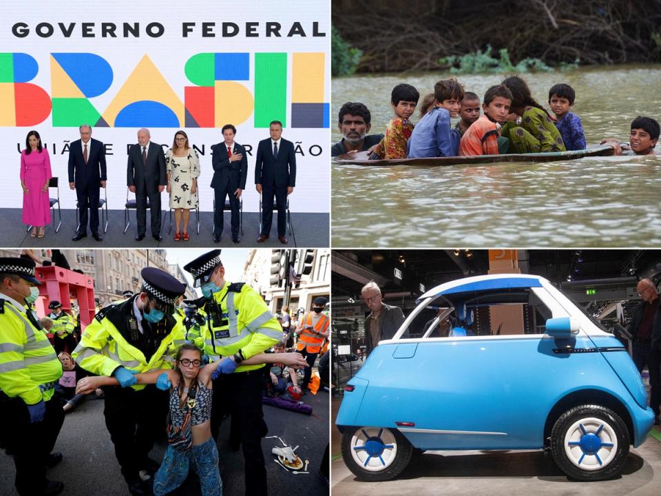 Clockwise from top left: The inauguration of Brazil’s new leader ‘Lula’; children being taken to safety during Pakistan’s floods, an Extinction Rebellion protester removed by police and a prototype of a new electric vehicle. What will 2023 have in store for the climate crisis?  (AFP/Getty/Reuters)