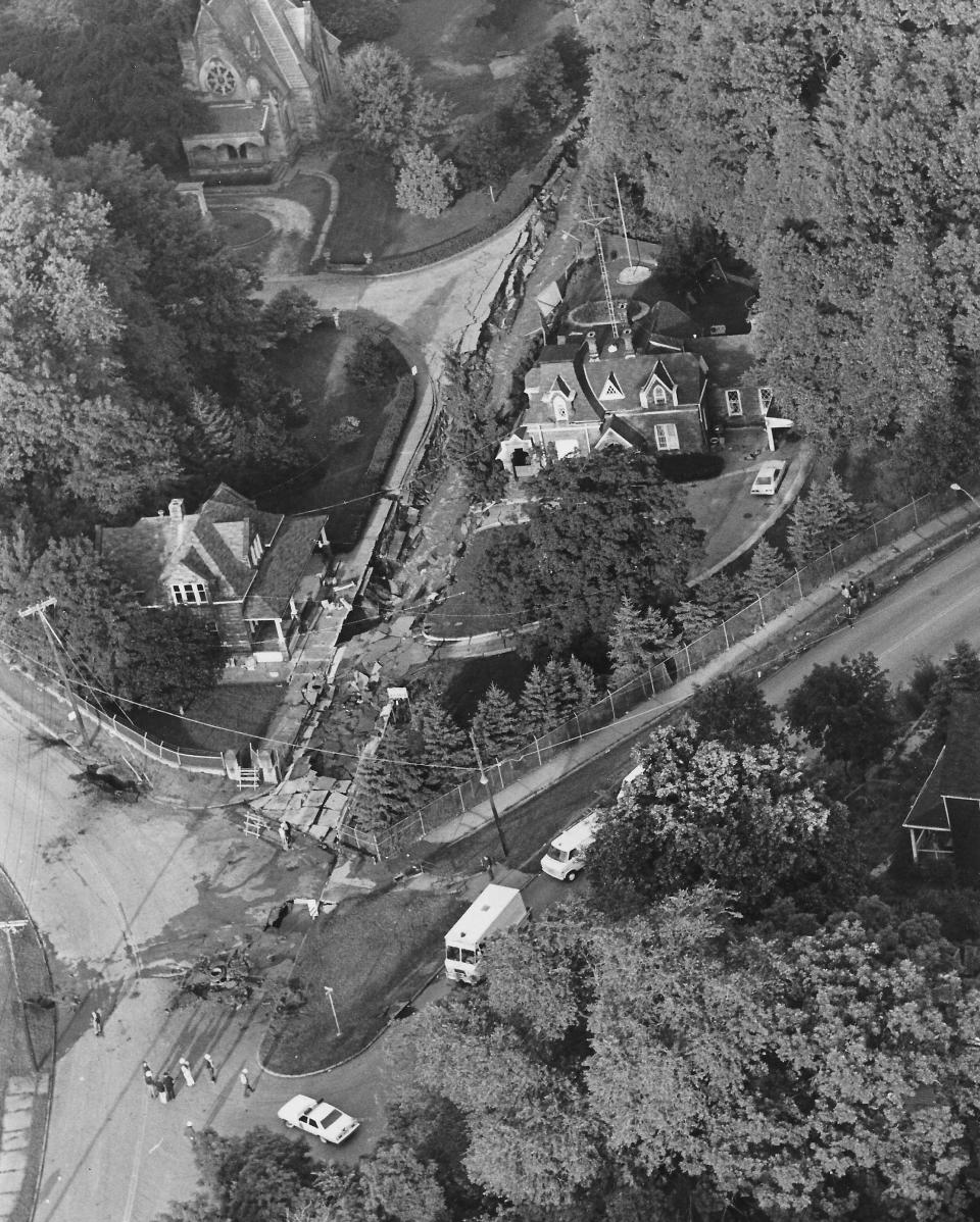 An aerial view reveals damage to the Glendale Cemetery entrance at Locust Street and Glendale Avenue in 1977.