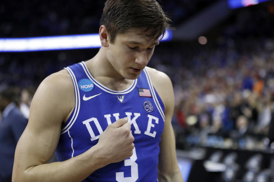 Duke’s Grayson Allen walks off the court after a regional final game against Kansas in the NCAA men’s college basketball tournament Sunday, March 25, 2018, in Omaha, Neb. Kansas won 85-81 in overtime. (AP Photo/Nati Harnik)