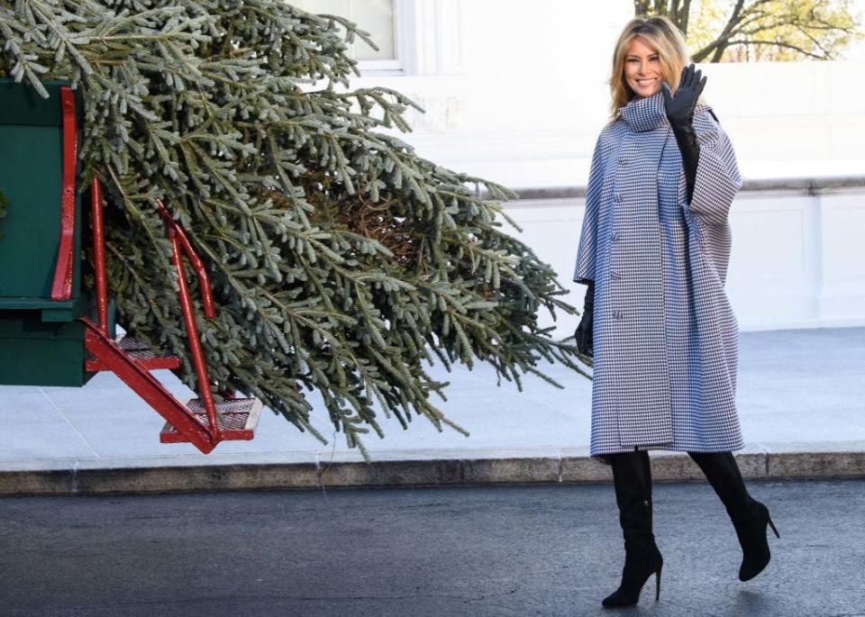 Melania Trump receives the White House Christmas Tree in 2020.