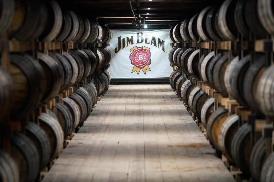 Barrels of bourbon are stacked at the Jim Beam Distillery in Clermont, Ky.