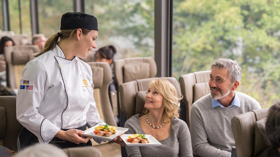 Meals and drinks are served at your seat on Rocky Mountaineer's SilverLeaf Plus coaches