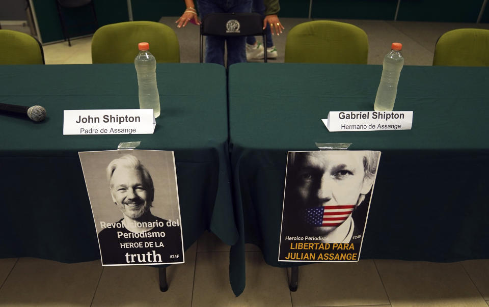 Seated place where John Shipton Sr. and Gabriel Shipton the father and brother respectively of Julian Assange will participate in an event sponsored by the Mexican ruling party Morena, at the headquarters of the Telephone Union, entitled "Freedom for Julian Asange: a global struggle," in Mexico City, Wednesday, Sept . 14, 2022. (AP Photo/Marco Ugarte)