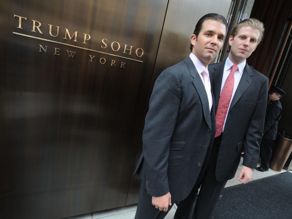 Donald Trump Jr. and Eric Trump attend the ribbon cutting ceremony for Trump SoHo New York in New York City April 9, 2010.