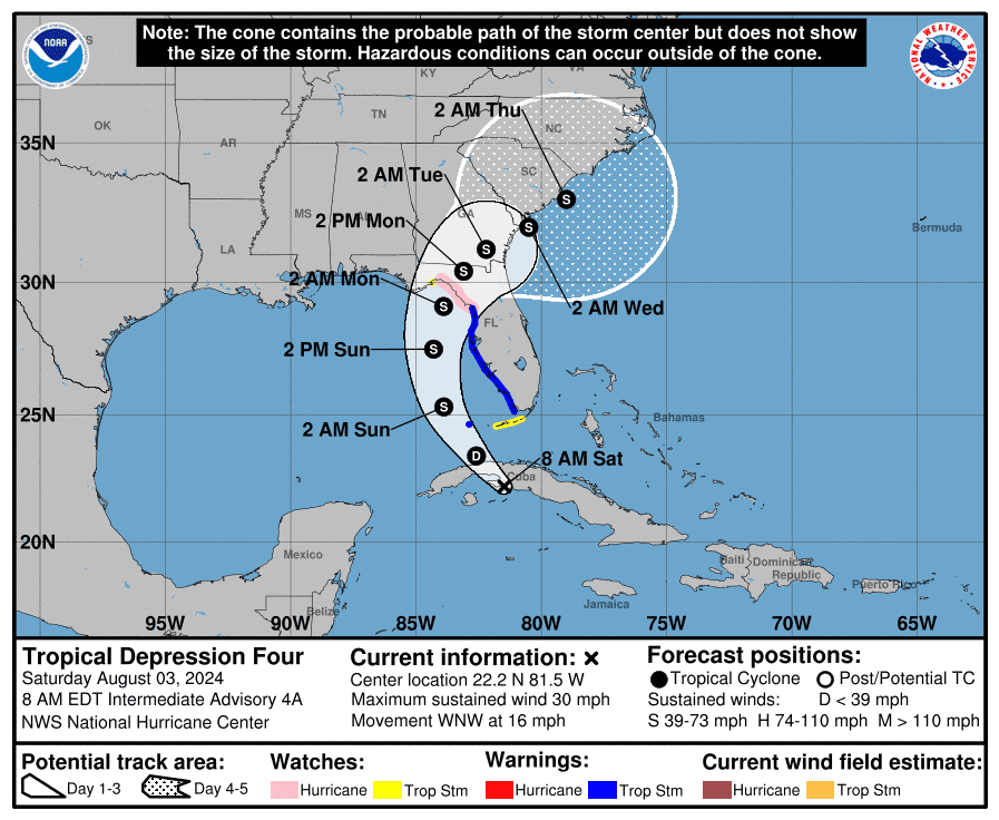 Tropical Storm Debby is expected to form late Saturday, August 3, 2024.