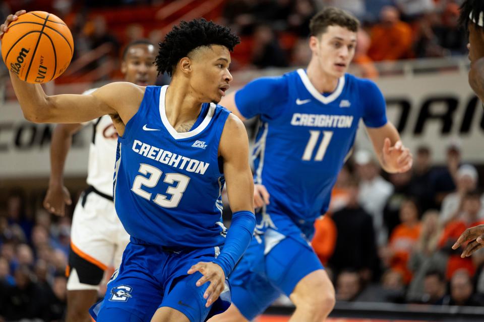 Creighton guard Trey Alexander (23) handles the ball in the first half of an NCAA college basketball game against Oklahoma State, Thursday, Nov. 30, 2023, in Stillwater, Okla. (AP Photo/Mitch Alcala)