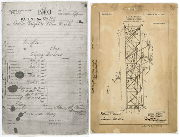 Documents from the Wright brothers' "Flying Machine" patent, filed in 1903: The patent oath and the patent drawing.