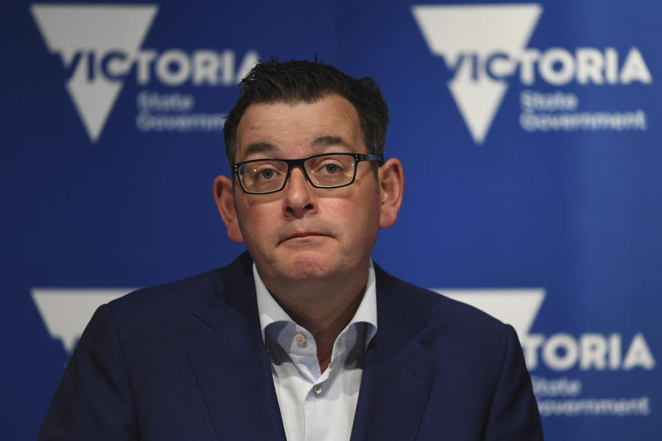 Victorian State Premier Daniel Andrews addresses a press conference in Melbourne, Australia, Tuesday, June 23, 2020. Two schools have been closed in Melbourne after students tested positive for the coronavirus. Victoria state has recorded 17 new cases and Andrews said there would be “significant community transmission” among the new cases. (James Ross/AAP Image via AP)