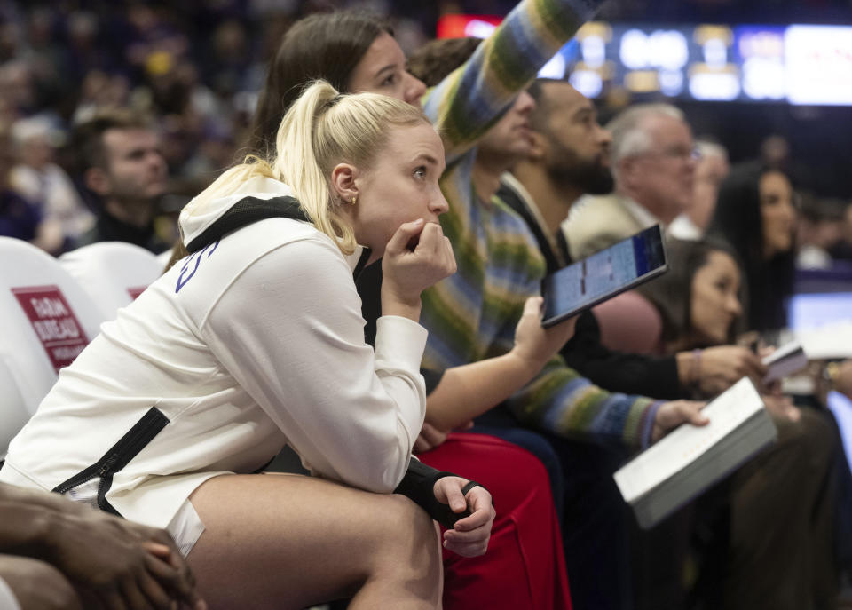 LSU guard Hailey Van Lith looks on during an NCAA basketball game against McNeese, Tuesday, Dec. 12, 2023, in Baton Rouge, La. (Hilary Scheinuk/The Advocate via AP)