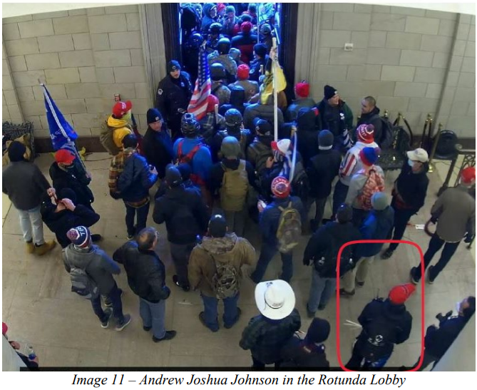 This image in the federal complaint shows Andrew Joshua Johnson of Vero Beach in the U.S. Capitol Rotunda on Jan. 6, 2021.