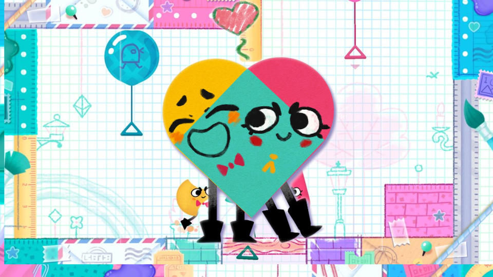 The two characters overlap to make a heart in Snipperclips