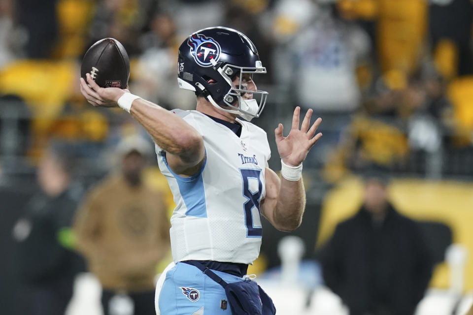 Tennessee Titans quarterback Will Levis (8) warms up before an NFL football game against the Pittsburgh Steelers, Thursday, Nov. 2, 2023, in Pittsburgh. (AP Photo/Matt Freed)