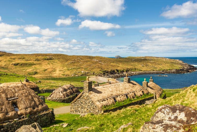 <span class="caption">Gearrannan blackhouse village in the Western Isles. Learning Gaelic offers a connection with Scotland’s history and culture.</span> <span class="attribution"><a class="link " href="https://www.shutterstock.com/image-photo/gearrannan-blackhouse-village-views-outer-hebrides-1184991616" rel="nofollow noopener" target="_blank" data-ylk="slk:Shutterstock/MORENO01;elm:context_link;itc:0;sec:content-canvas">Shutterstock/MORENO01</a></span>