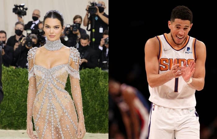 In the first pic, Kendall Jenner poses at the and in the second pic&#xa0;Devin Booker of the Phoenix Suns claps as he looks at the Brooklyn Nets bench
